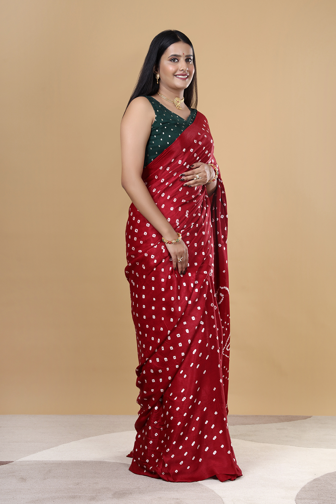 V Glame Solid Maroon Gajji Bandhej Saree with Full Bandhej Zari Pallu